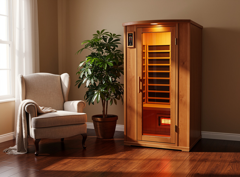 An infrared sauna in a warm finished home room with hardwood floor and a reading chair