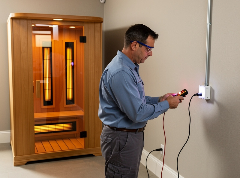 An electrical inspector testing a GFCI outlet with a circuit tester near a home sauna