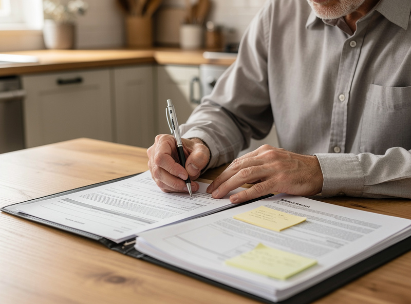 A homeowner filling out an electrical permit application form at a table