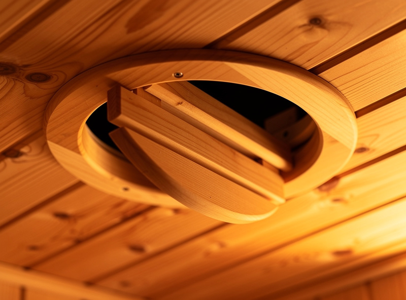 Close-up of an adjustable circular wooden ceiling vent in an infrared sauna