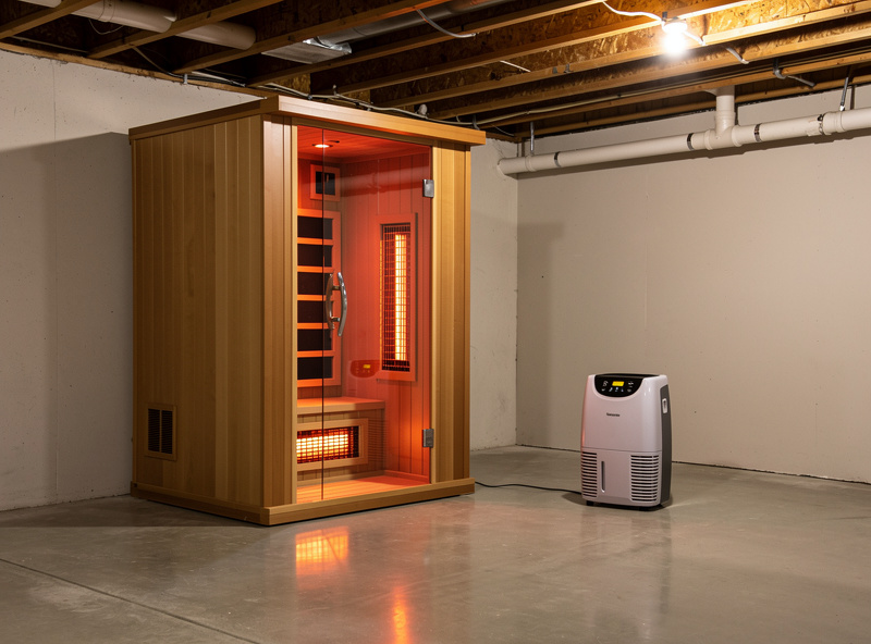 Infrared sauna installed in a dry basement with sealed concrete floor and a dehumidifier nearby