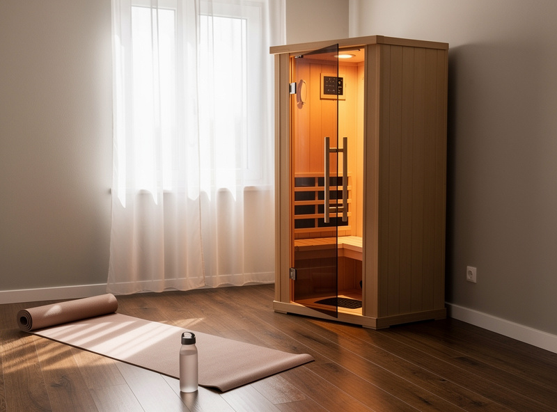 Infrared sauna in a spare bedroom converted to a wellness room with hardwood floor