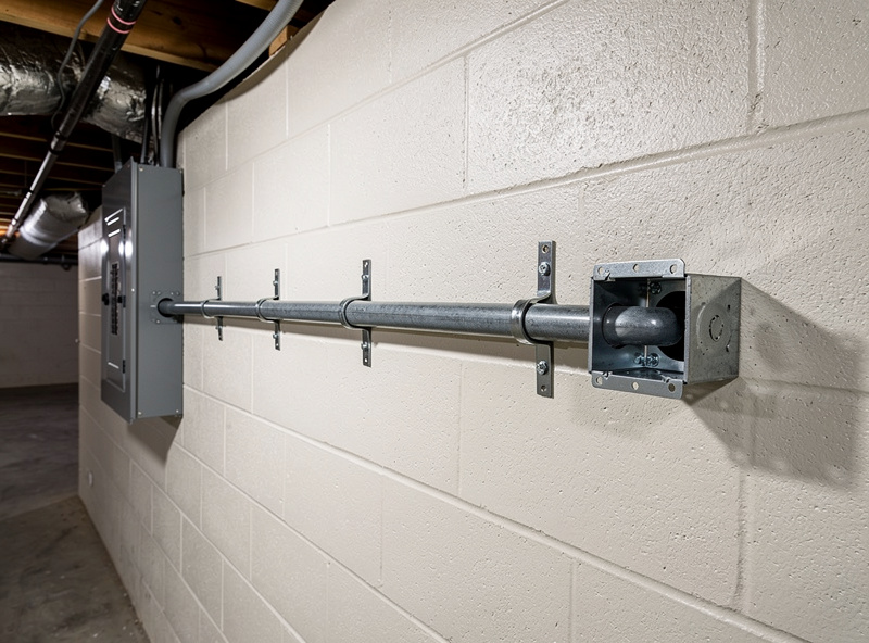 Electrical cable in conduit running along a basement wall from a panel to a new outlet box
