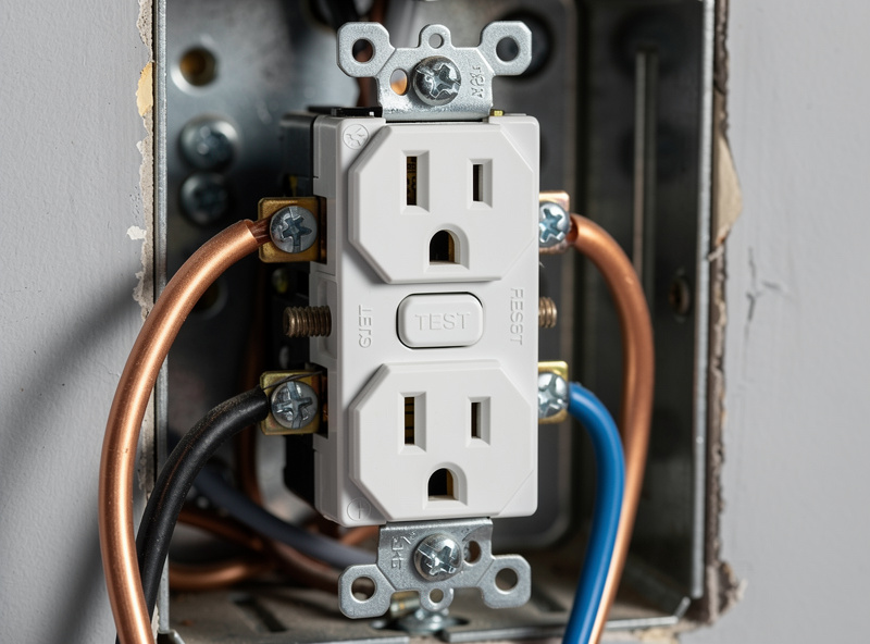 A white GFCI receptacle being wired with copper conductors in an electrical box