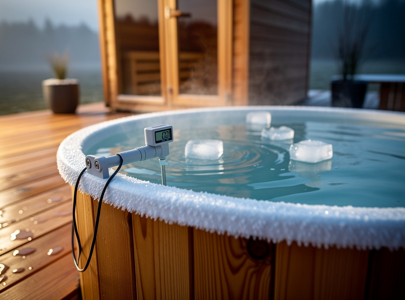 Cold plunge tub with digital thermometer showing water temperature, ice visible at the surface, outdoor sauna setting with wooden deck, morning light