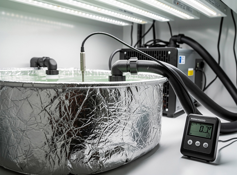 Insulated hydroponic reservoir with reflective foil wrap, digital temperature probe submerged, chiller lines connected, clean workshop setup