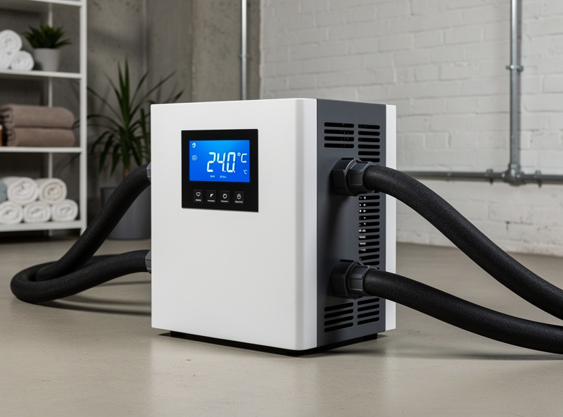 Aquarium chiller unit connected to insulated water lines running to a cold plunge tub, digital temperature controller display, garage wellness setup
