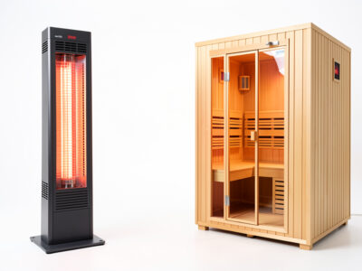 Near-infrared panel beside a full far-infrared sauna cabin