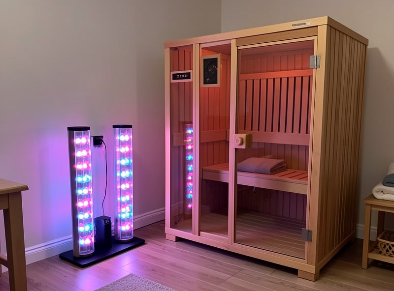 A standalone near-infrared heat lamp panel beside a full enclosed far-infrared sauna cabin