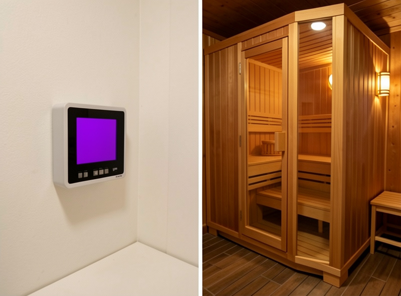 Compact near-infrared panel tucked in a corner compared to the floor footprint of a full sauna cabin