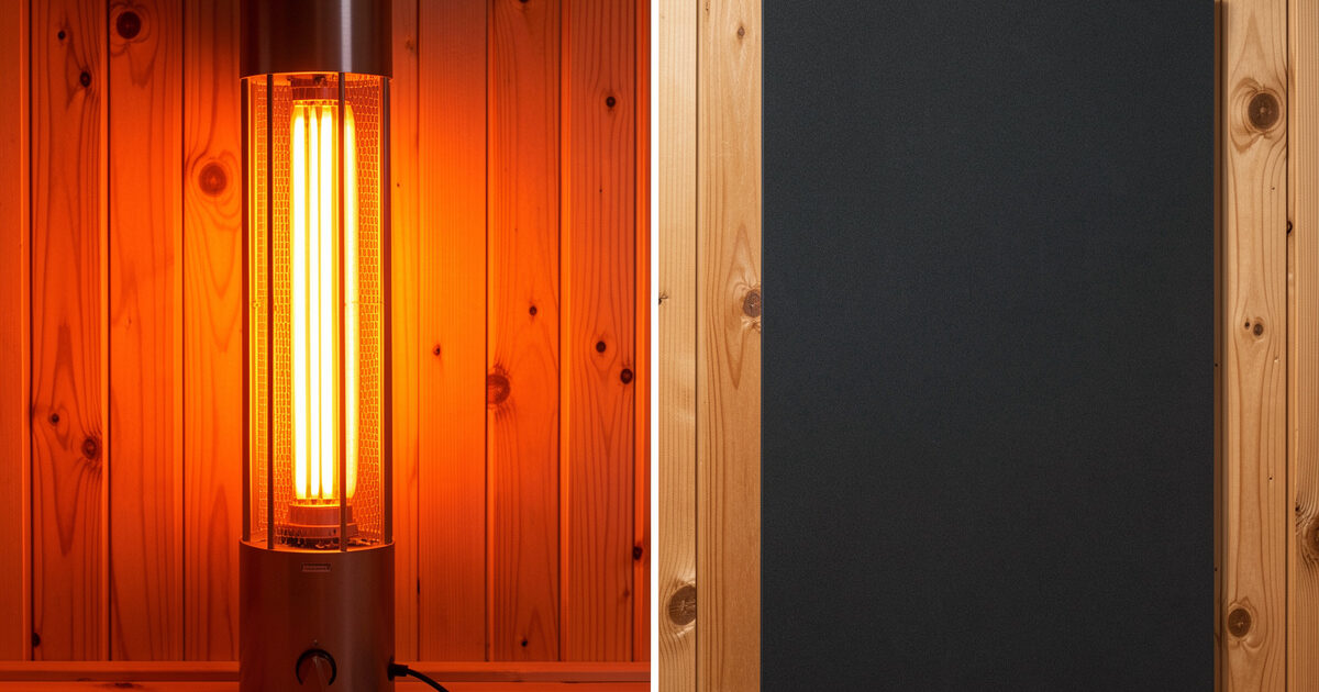 Near-infrared halogen emitter beside a far-infrared carbon sauna panel