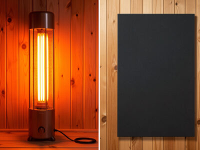 Near-infrared halogen emitter beside a far-infrared carbon sauna panel