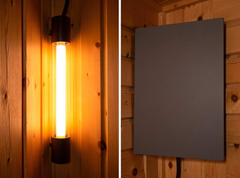 Side by side of a glowing near-infrared halogen emitter and a flat carbon far-infrared sauna panel