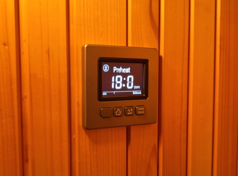 Digital sauna control panel showing preheat temperature on a wood-paneled cabin wall