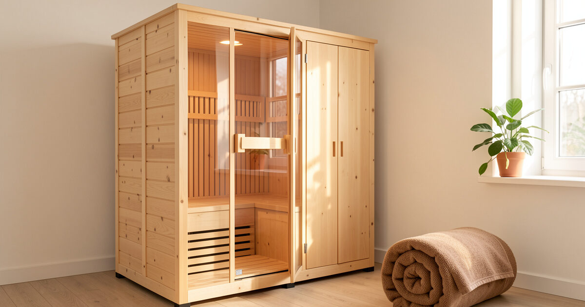 Compact portable infrared sauna and folded sauna blanket in a small Scandinavian apartment