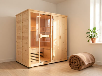 Compact portable infrared sauna and folded sauna blanket in a small Scandinavian apartment
