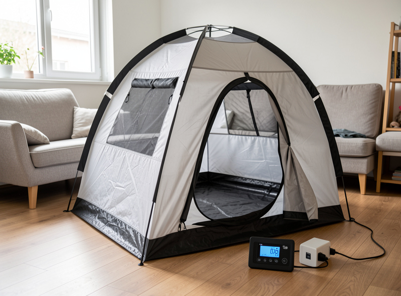 Folding portable infrared sauna tent set up in a small apartment living room with the controller and a power meter on the floor