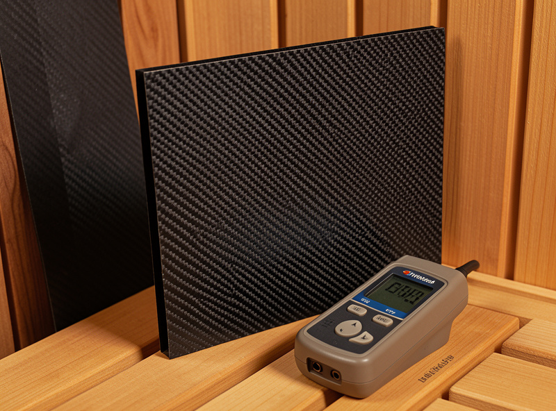 Close-up of a carbon-fiber heating panel inside a folding single-person infrared sauna with a TriField EMF meter beside it