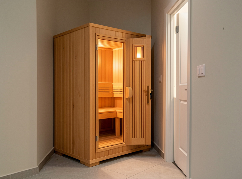 Single-person compact wooden infrared cabin tucked into an apartment alcove next to a doorway