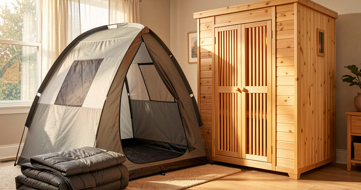 Portable infrared sauna blanket and tent beside a fixed infrared cabin