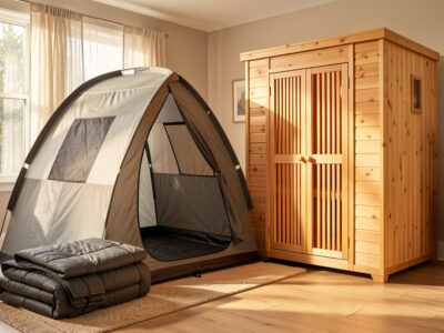 Portable infrared sauna blanket and tent beside a fixed infrared cabin