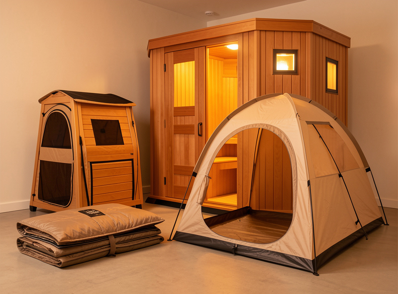 A folded portable infrared sauna blanket and pop-up tent next to a fixed wooden two-person infrared cabin