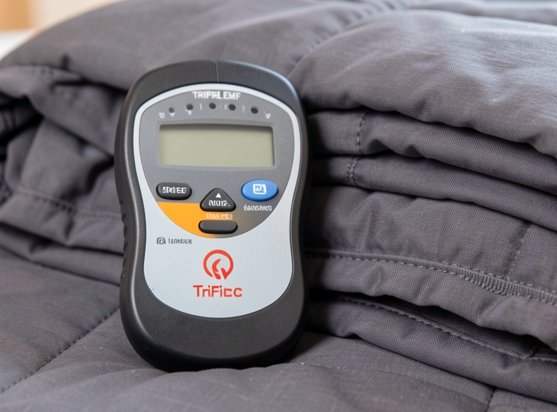 TriField meter held against a portable infrared sauna blanket showing how close the heating elements sit to the body