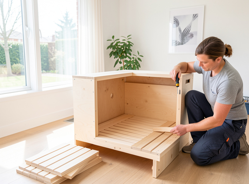 A flat-packed prefab infrared sauna being assembled in a home with hand tools