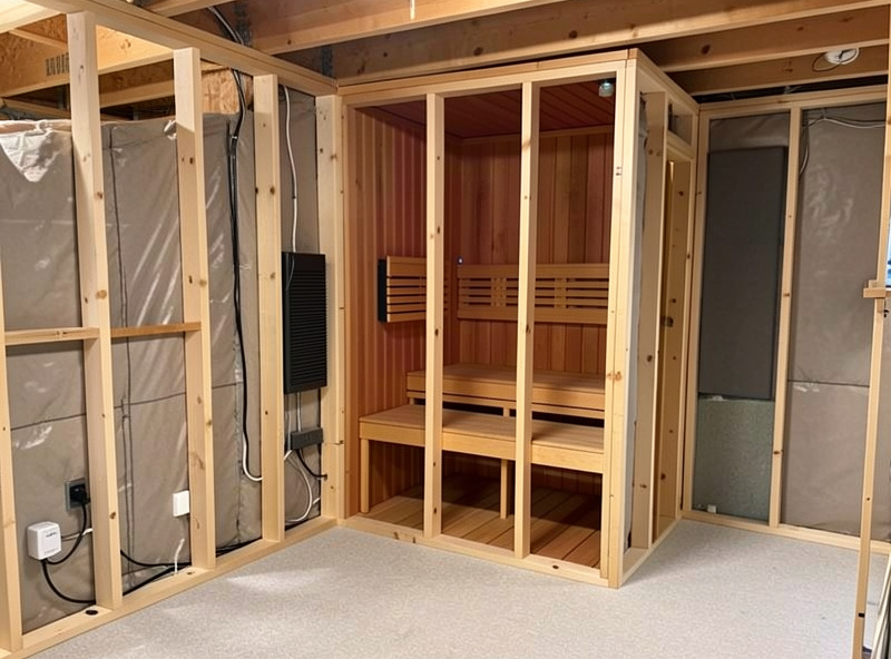 A custom infrared sauna built into a framed wall with panels mounted in a finished room