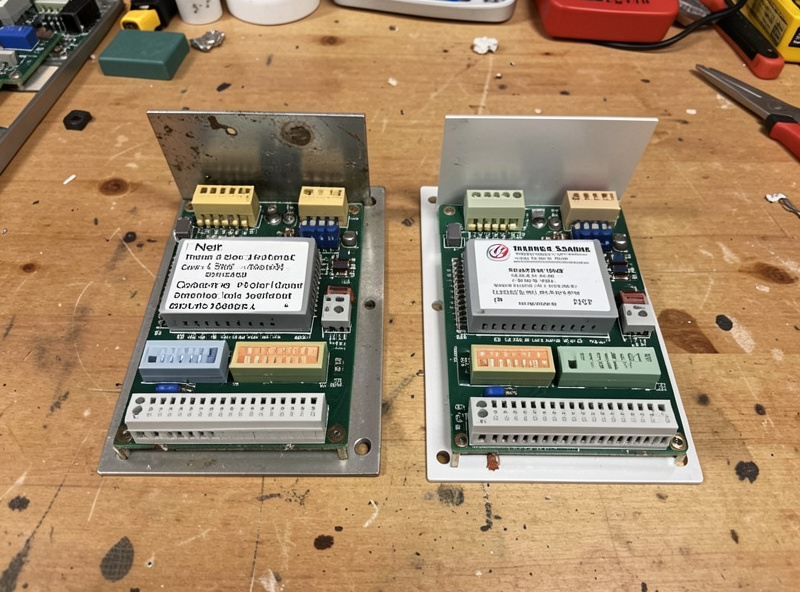 Old and replacement infrared sauna controller boards side by side for spec comparison