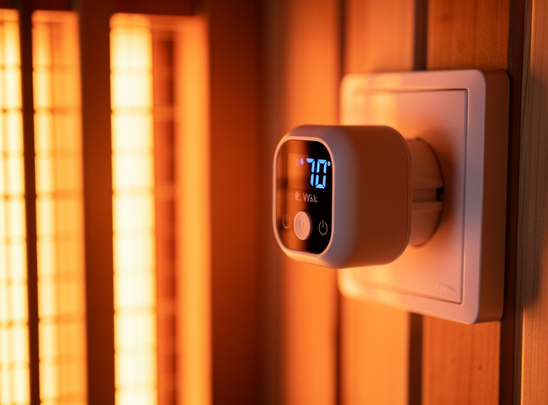Energy-monitoring smart plug in a sauna outlet showing power reading with warm wooden interior