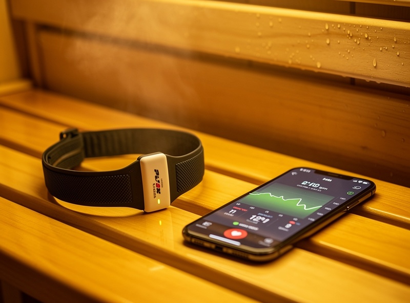 Polar H10 chest strap heart rate monitor on sauna bench with phone showing HR curve graph