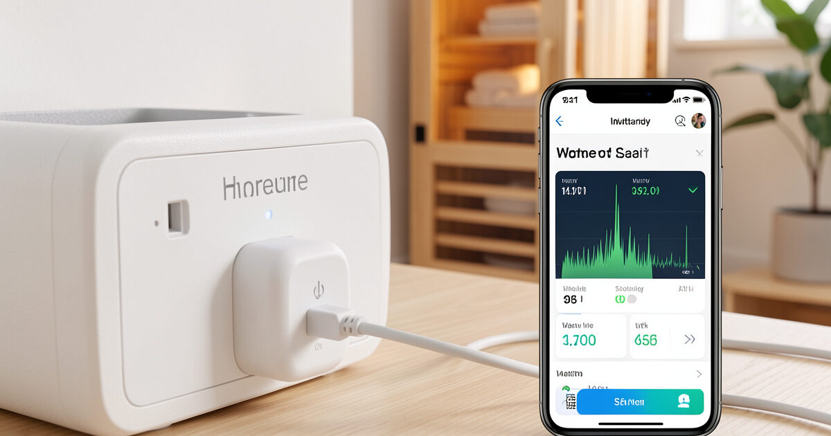 Energy-monitoring smart plug and phone showing live kWh for an infrared sauna