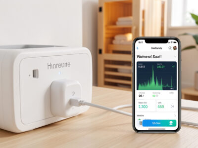 Energy-monitoring smart plug and phone showing live kWh for an infrared sauna
