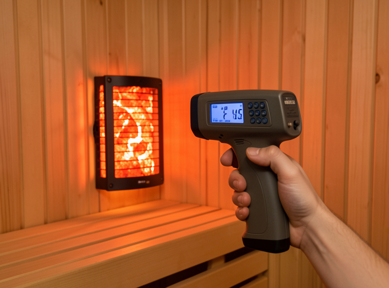 Handheld infrared thermometer measuring the surface temperature of a glowing carbon sauna heater panel