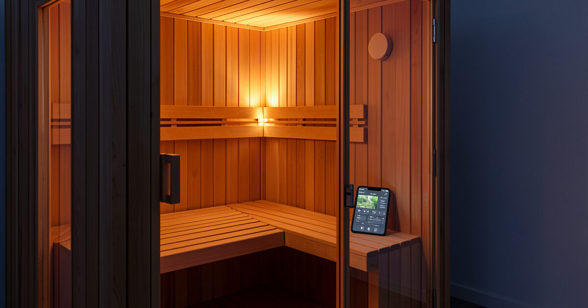 Modern infrared sauna cabin with a smartphone control dashboard on the bench