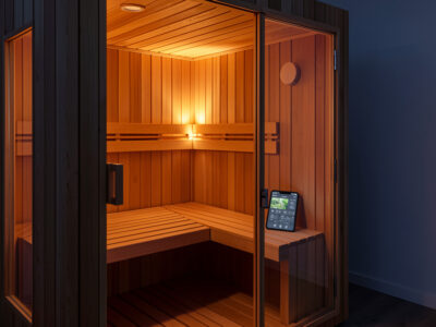 Modern infrared sauna cabin with a smartphone control dashboard on the bench