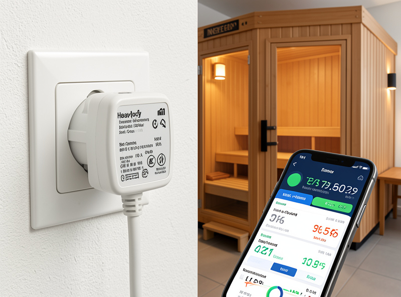 Infrared sauna cabin with a smart plug and controller, home automation dashboard on a phone nearby