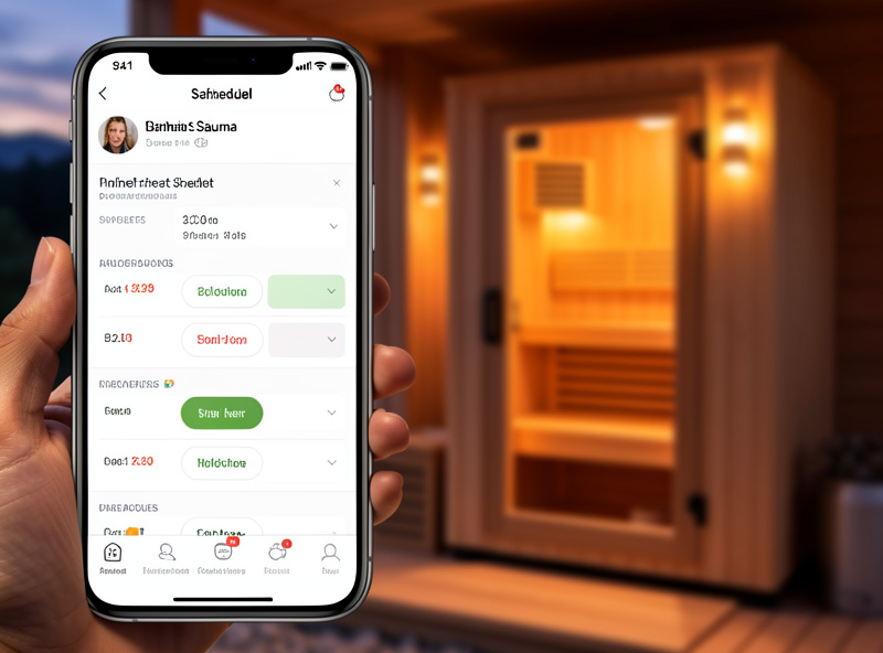 Phone showing a sauna preheat automation schedule with the cabin warming in the background