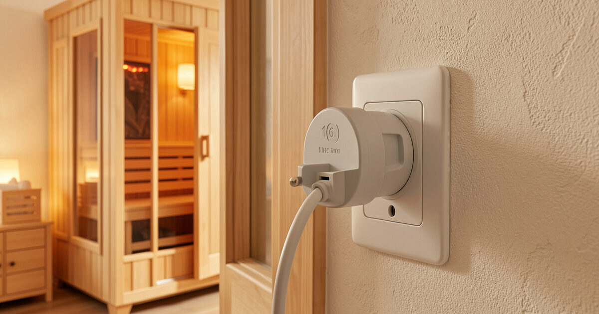 Heavy-duty 16A smart plug at a dedicated outlet beside an infrared sauna