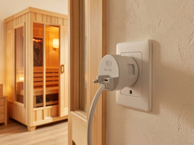 Heavy-duty 16A smart plug at a dedicated outlet beside an infrared sauna