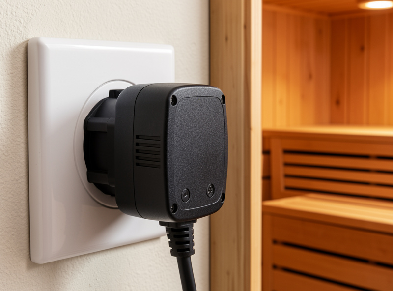 Heavy-duty 16A smart plug plugged into a dedicated wall outlet beside an infrared sauna cabin