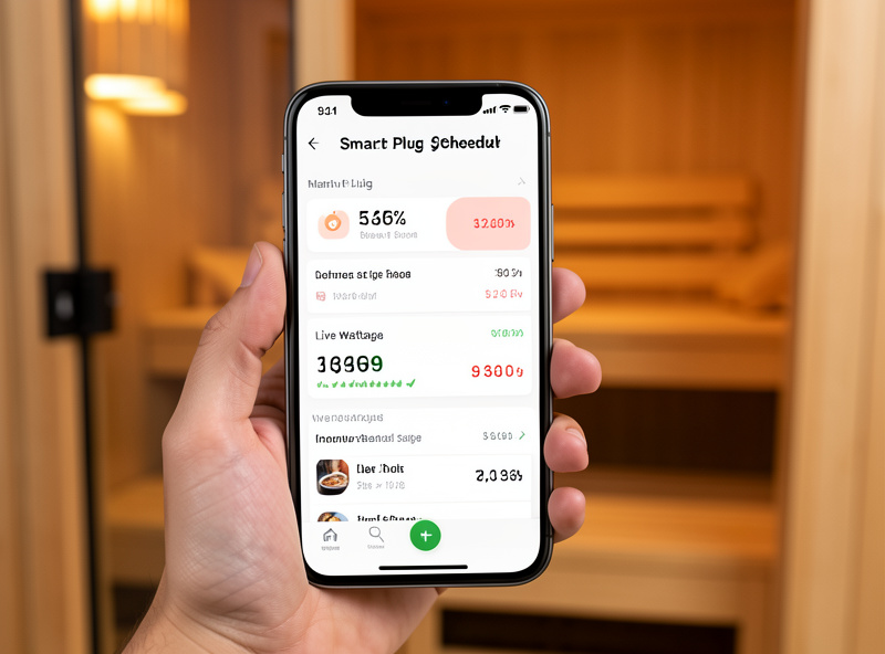 Phone app showing a smart plug schedule and live wattage for an infrared sauna