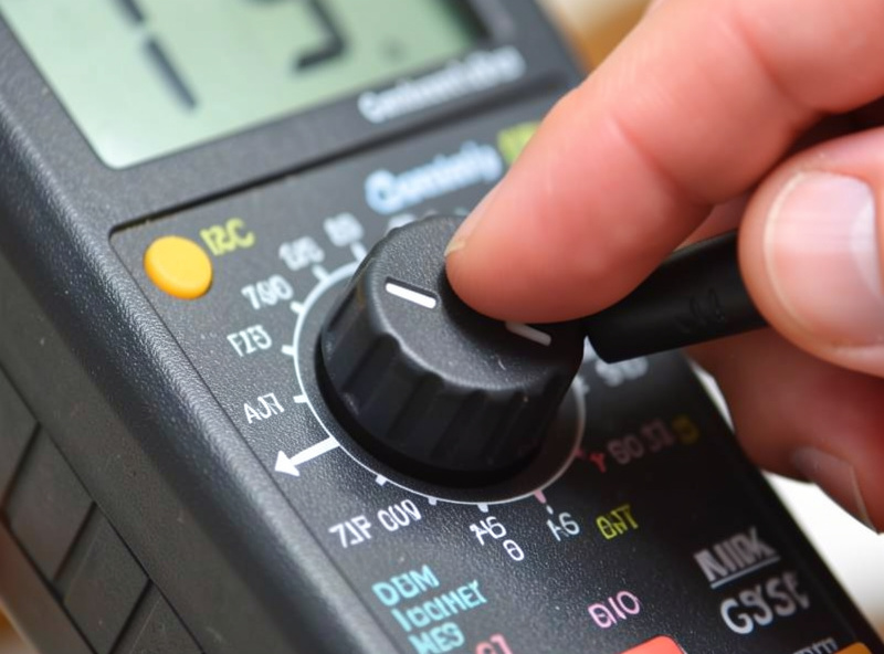 Digital multimeter set to the continuity setting on a workbench beside a sauna heater element