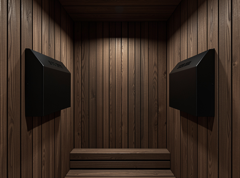 Modern infrared sauna interior clad in dark thermally modified wood with black heater panels