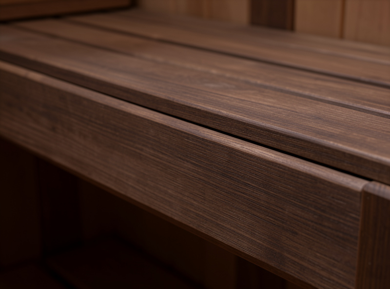 Thermally modified wood sauna bench with tight seams and even dark brown color after years of use