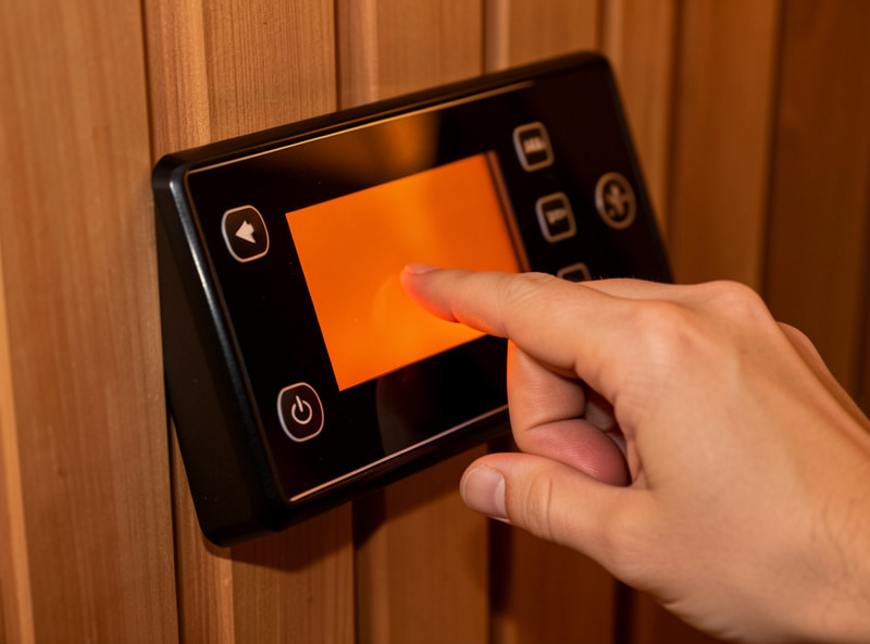 A person powering on a used infrared sauna control panel during an in-person inspection