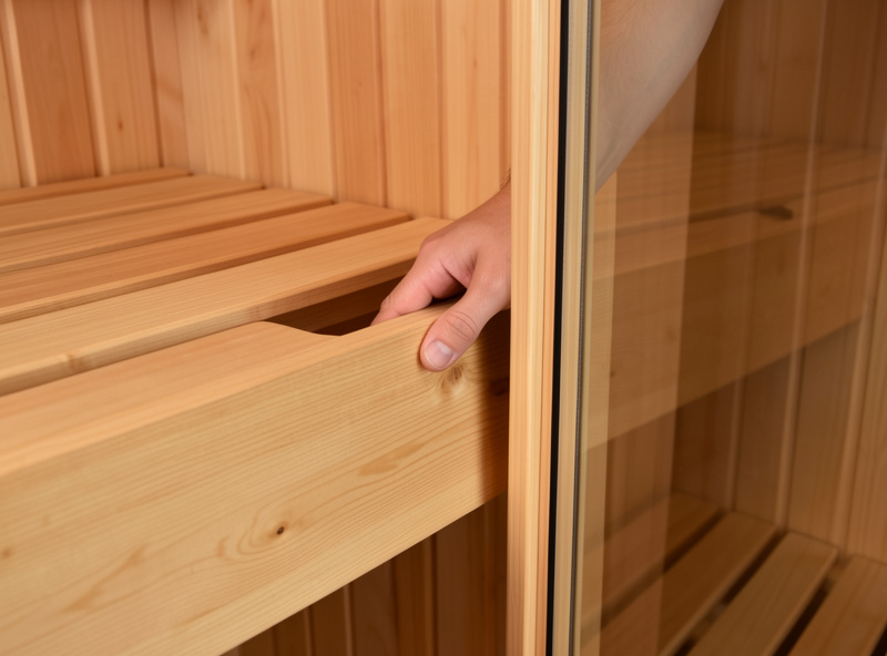 Inspecting the wood bench and glass door seal of a used infrared sauna cabin