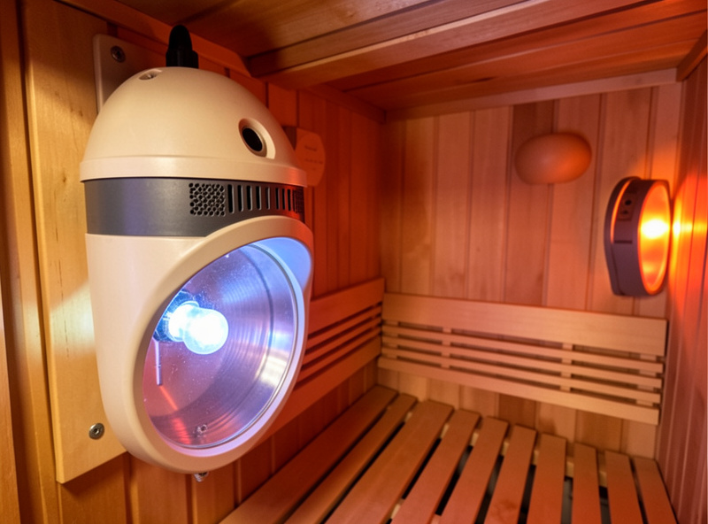 Detail of a full-spectrum infrared sauna near-infrared emitter beside far-infrared panels