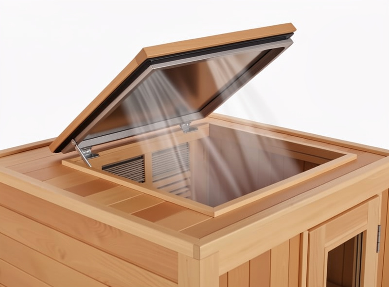 Adjustable roof vent on an infrared sauna cabin shown open for airflow